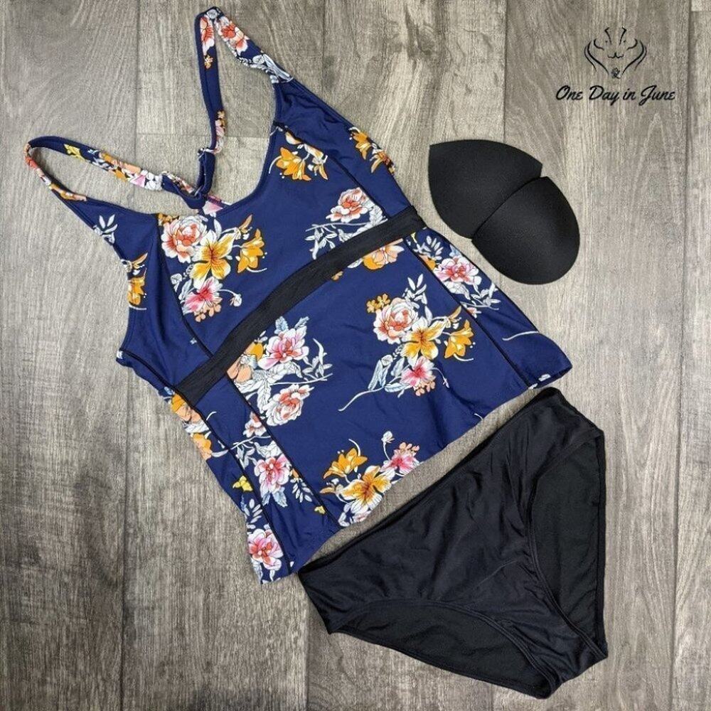 Amzbrly Floral Tankini Swimsuit Navy Blue Padded Two Piece Swim Set Size M